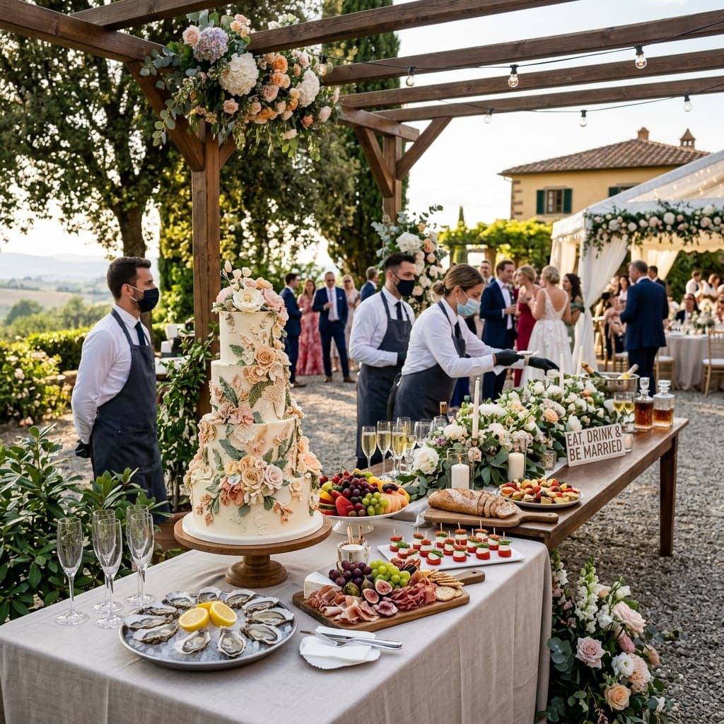 Outdoor wedding complete catering setup with dessert and coffee bar carts